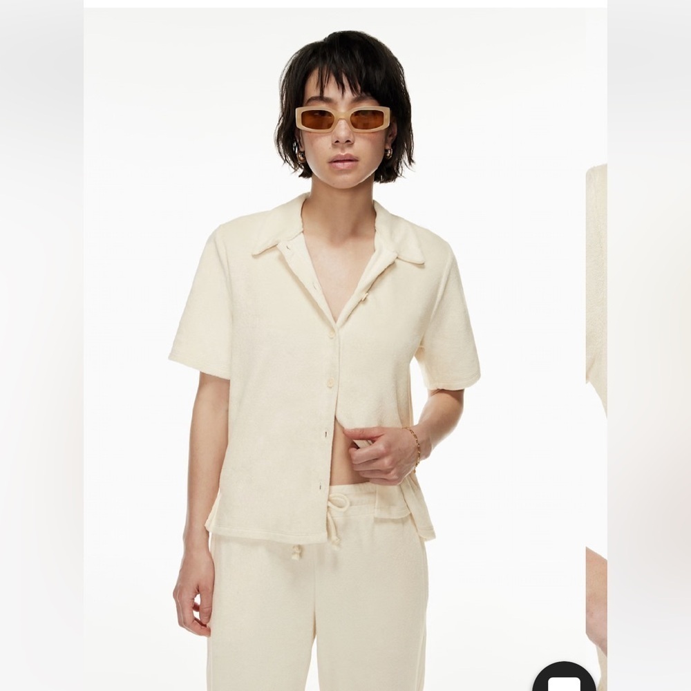 Aritzia Wilfred Free Sunny Short Sleeve Terry Button Up Shirt Top - Small